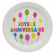 10 piatti in cartoncino multicolore "Joyeux Anniversaire",( buon Compleanno) ø 23 cm