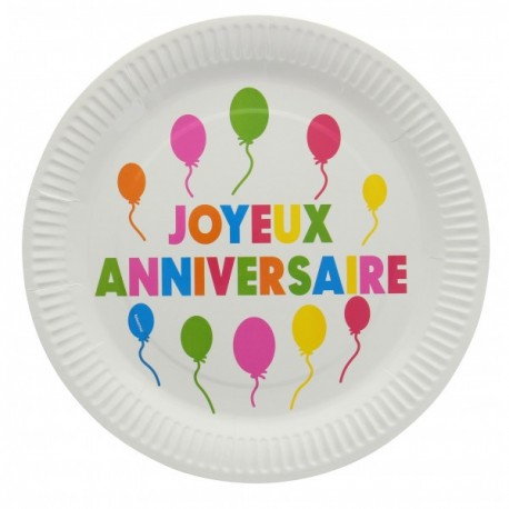 10 bunte Pappteller "Joyeux Anniversaire", ø 23 cm