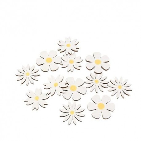 12 Confettis Marguerites en bois, blanc et jaune, Ø 3,3cm