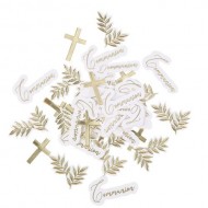100 Confettis Communion Pureté, blancs et or de 2 à 5 cm