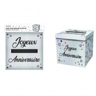 Urne en carton métalisé "Joyeux Anniversaire" blanche