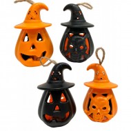 1 Mini doppelseitige Laterne Kürbis und Totenkopf Led 11,5 cm, schwarz und orange