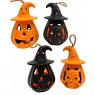 1 Mini lanterna bifacciale zucca e teschio Led 11,5 cm, nera e arancione