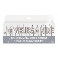 Candela metallizzata“Joyeux Anniversaire”( Buon Compleanno) argento