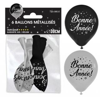 6 silberne/schwarze „Bonne Année“-Luftballons