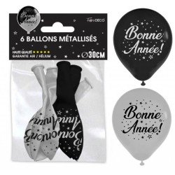 6 silberne/schwarze „Bonne Année“-Luftballons