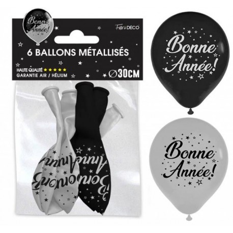 6 Ballons "Bonne Année" argent/noir 