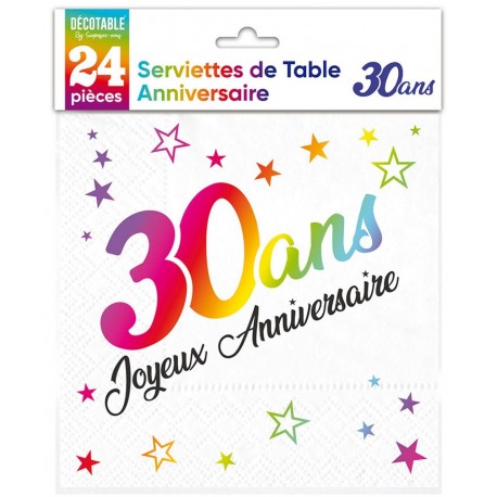 24 Serviettes, 30 Ans, 3 plis, 33 x33 cm multicolore