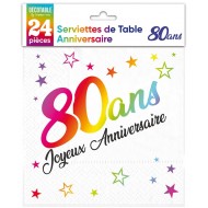 24 Serviettes, 80 Ans, 3 plis, 33 x33 cm multicolore