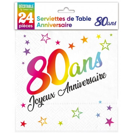 24 Serviettes, 80 Ans, 3 plis, 33 x33 cm multicolore