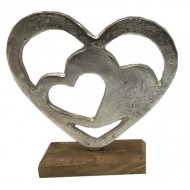  1 Cuore in alluminio su base in legno 15/5/15cm