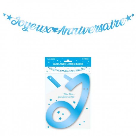 Guirlande lettres métalisées bleu 6m Joyeux Anniversaire