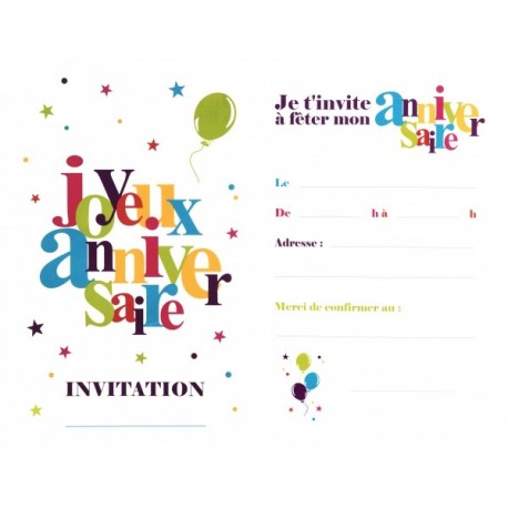 6 Cartes invitation "Joyeux Anniversaire" 11x17cm
