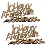 4 Joyeux Anniversaire“-Dekoration aus goldglitzerndem Holz, 11,5 x 5 x 0,3 