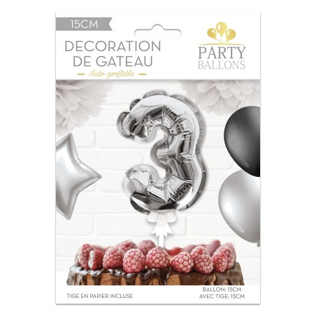1 Ballon argenté déco gâteau chiffre 3