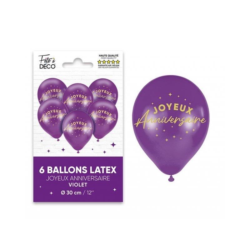 Beutel mit 6 Joyeux Anniversaire-Latexballons, violett