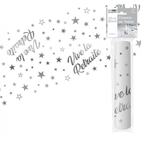 Tischläufer "Vive la retraite" 28 cm x 5 Meter, silbermetallischer Organza