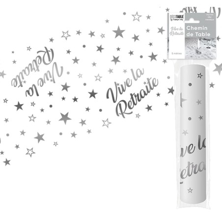 Tischläufer "Vive la retraite" 28 cm x 5 Meter, silbermetallischer Organza