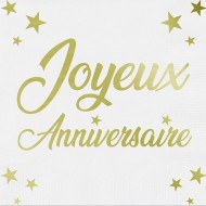 24 Serviettes, Joyeux Anniversaire, 3 plis, 33 x33 cm or