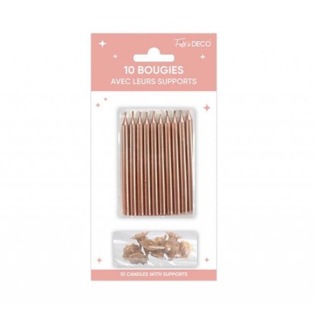 10 Bougies métalisées avec support, rose gold