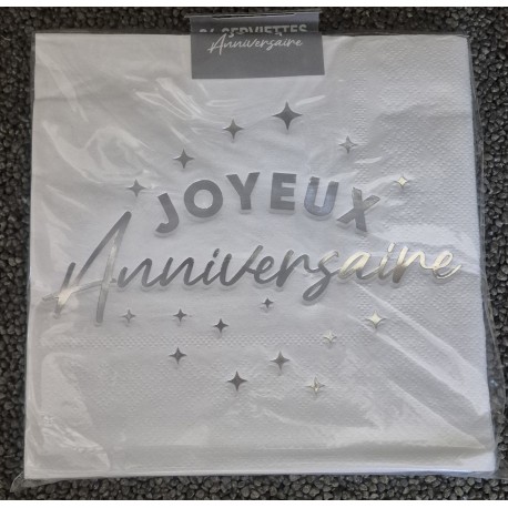 24 tovaglioli, Joyeux Anniversaire, 3 veli, 33 x33 cm , argento