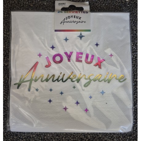 24 Serviettes, Joyeux Anniversaire, 3 plis, 33 x33 cm multicolore