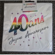 24 Serviettes, 40 Ans, 3 plis, 33 x33 cm multicolore