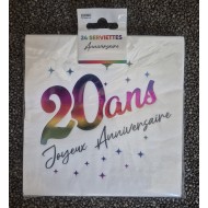 24 Serviettes, 20 Ans, 3 plis, 33 x33 cm multicolore