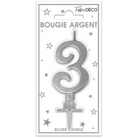 Bougie chiffre 3 métalique argent