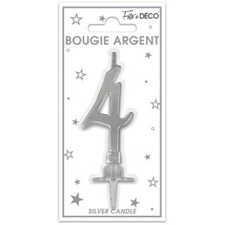 Bougie chiffre 4 métalique argent