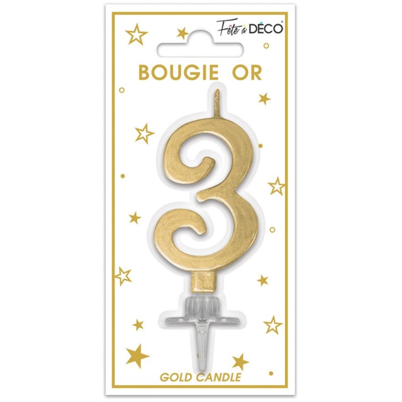 Bougie chiffre 3 métalique or