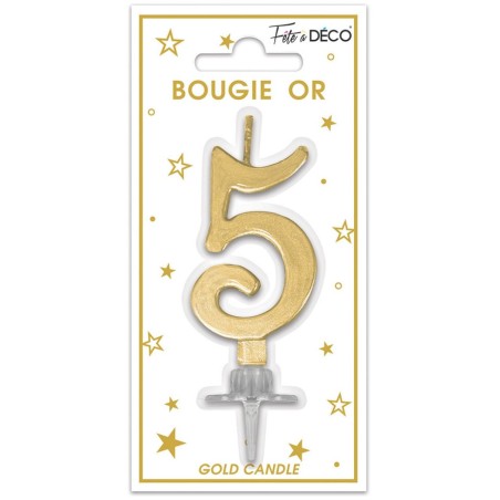 Bougie chiffre 5 métalique or