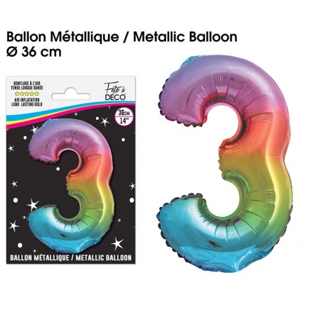 Ballon Métallique Multicolore 36cm chiffre 3