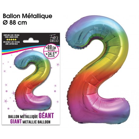 Ballon Géant Métallique multicolore, 88cm chiffre 2