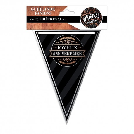 Guirlande fanion "Joyeux Anniversaire" Noir/argent, 3m