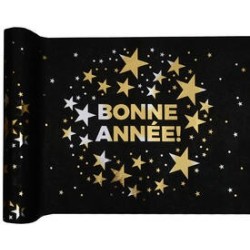 Chemin de table Bonne Année, 28cmx5m Noir/Or