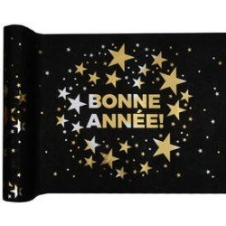 Tischläufer „Happy New Year“, 28 cm x 5 m, Schwarz/Gold
