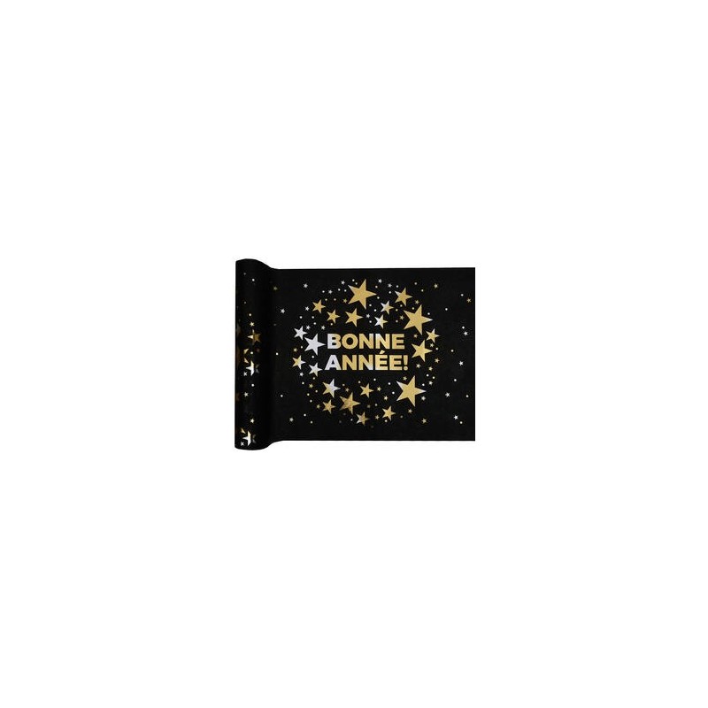 Tischläufer „Happy New Year“, 28 cm x 5 m, Schwarz/Gold
