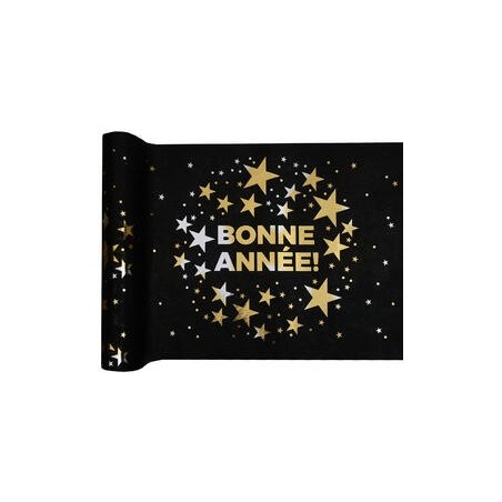 Tischläufer „Happy New Year“, 28 cm x 5 m, Schwarz/Gold