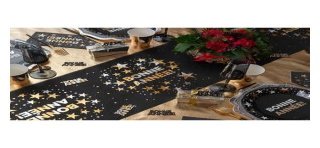 Tischläufer „Happy New Year“, 28 cm x 5 m, Schwarz/Gold