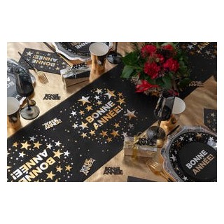 Tischläufer „Happy New Year“, 28 cm x 5 m, Schwarz/Gold