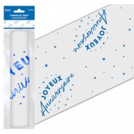 Tischläufer "Joyeux Anniversaire" blau 28 cm x 5 Meter, Organza