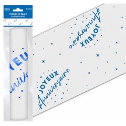 Chemin de table " Joyeux anniversaire" 28 cm x 5 mètres, organsa bleu