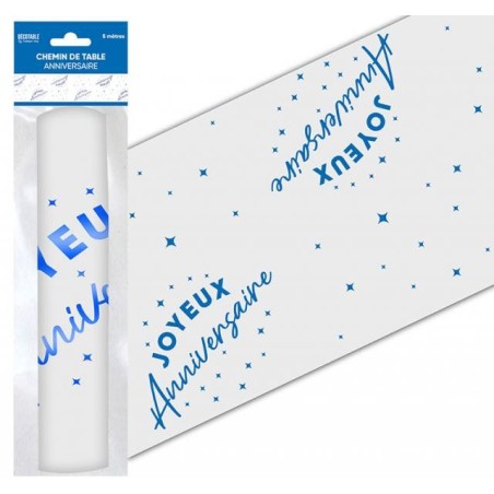 Tischläufer "Joyeux Anniversaire" blau 28 cm x 5 Meter, Organza
