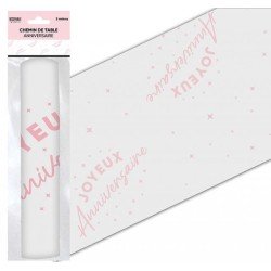 Chemin de table " Joyeux anniversaire" rose 28 cm x 5 mètres, organza 