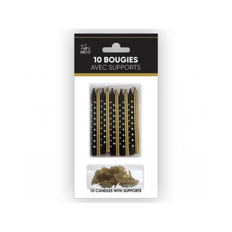 10 Bougies avec supports noir/or