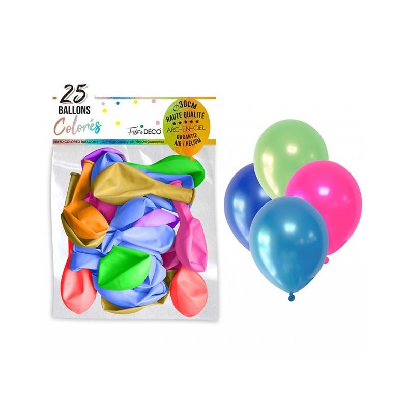 Beutel mit 25 mehrfarbigen, verchromten Luftballons, 30 cm