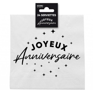 24 Servietten, „Happy Birthday“, 3-lagig, 33 x 33 cm, schwarz/weiß