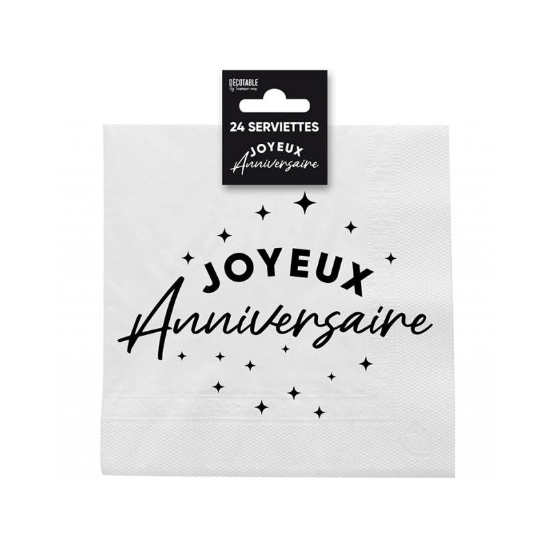 24 Serviettes, Joyeux Anniversaire, 3 plis, 33 x33 cm Noir/Blanc