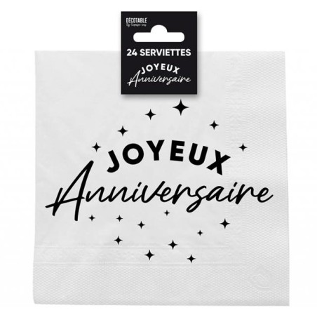 24 Servietten, „Happy Birthday“, 3-lagig, 33 x 33 cm, schwarz/weiß